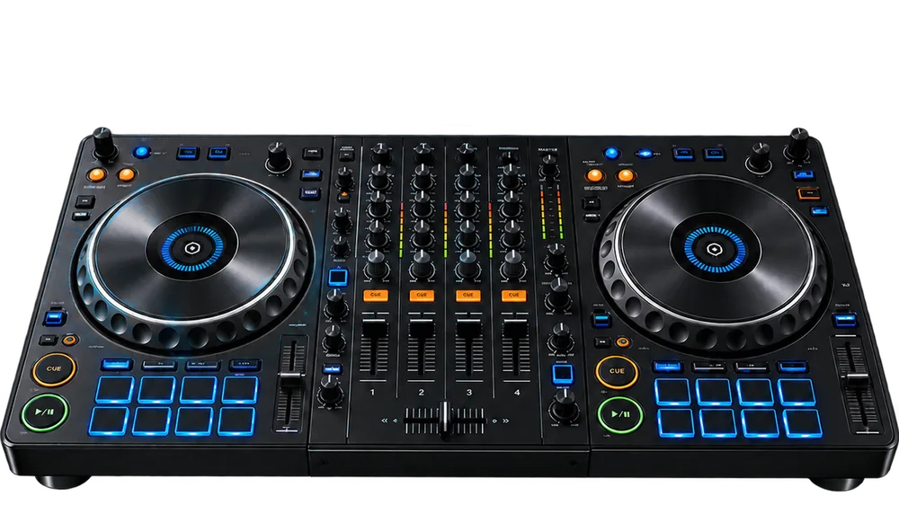 Controladora de DJ de cuatro canales, con dos platos y mezclador