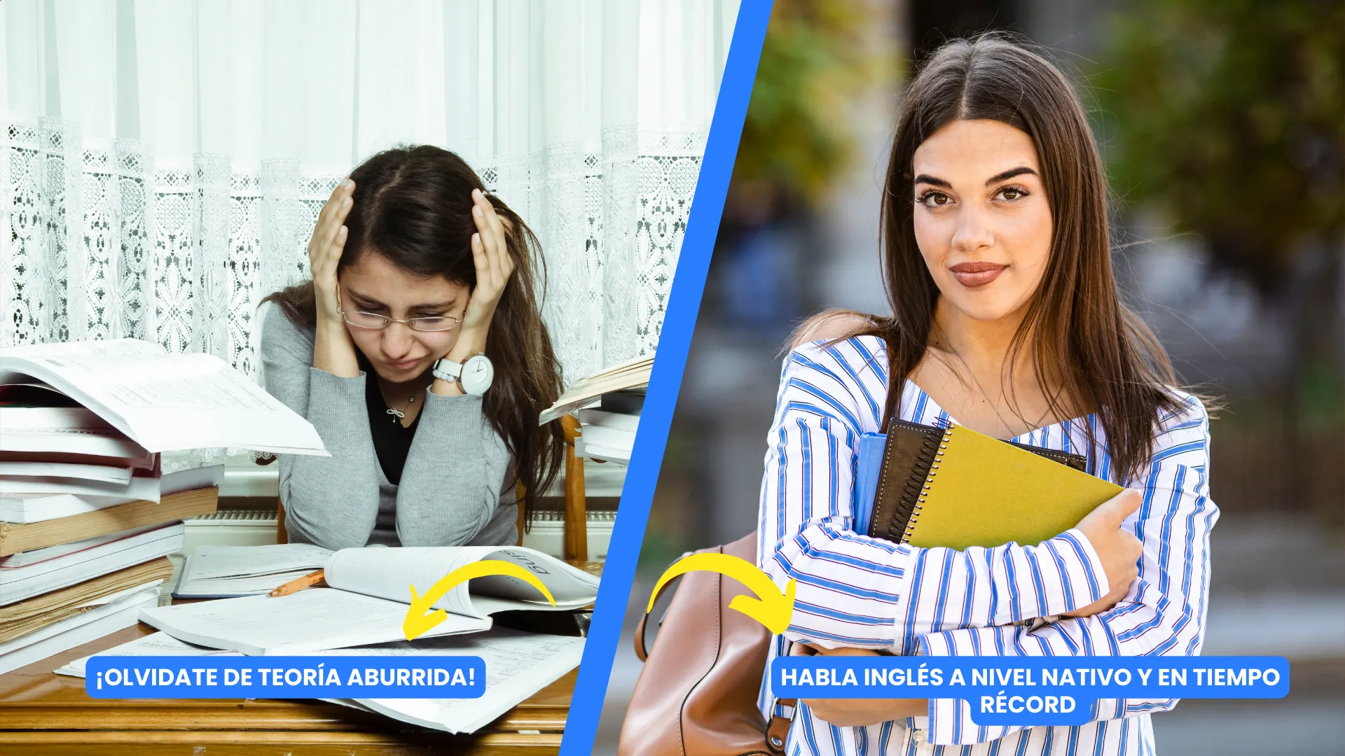 Comparativa entre el estudio de inglés tradicional aburrido y el método eficaz para aprender inglés rápido y sin estrés.